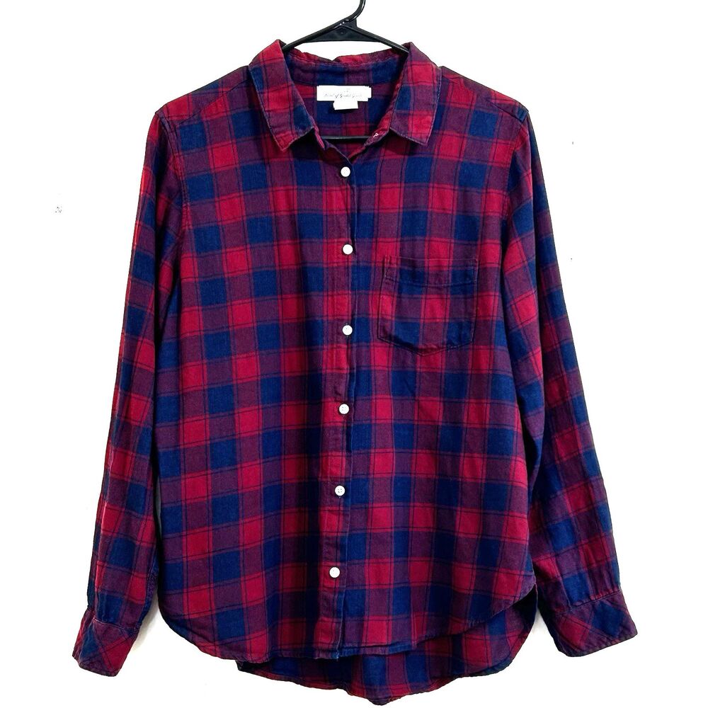 H&M Women's Button Down Shirt Size 12 Long Sleeve Blue Red Plaid Shirt Soft